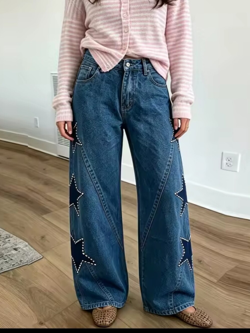 Women Rhinestone Star Patch Jeans Wide Leg Baggy Denim Pants Aesthetic Grunge - Picture 7 of 7